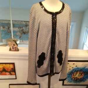 Vintage Chic Black and White Polka Dot Cardigan with Patent Leather Trim